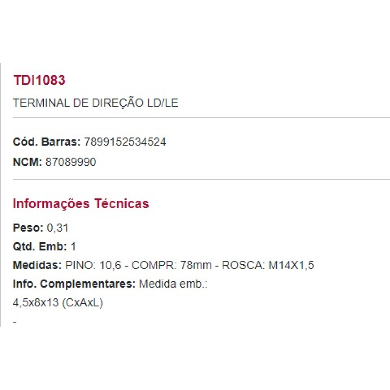Terminal Direcao Tdi1083 Perfect